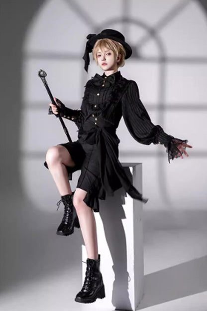 Medieval Ouji Lolita Blouse and Knee-Length Shorts Set in Black