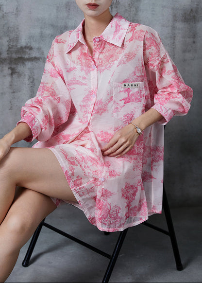 Schlichtes, rosa, übergroßes Chiffon-Zweiteiler-Set mit Druck für den Sommer QA1013 