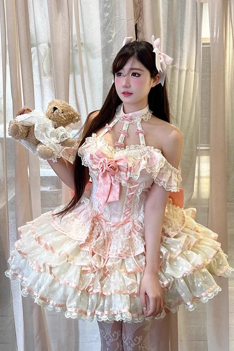 Blush Halter Multi-Tier Ruffle Bow Rose Lace-Up Ballerina JSK - Flower Language of Eros