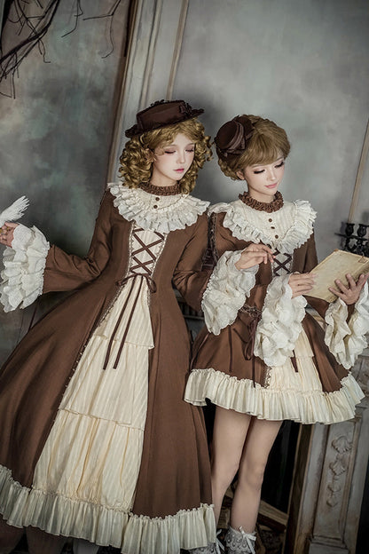 Nutcracker Stand Collar Trumpet Sleeve Lolita Dress Set with Bow - Lace-Up