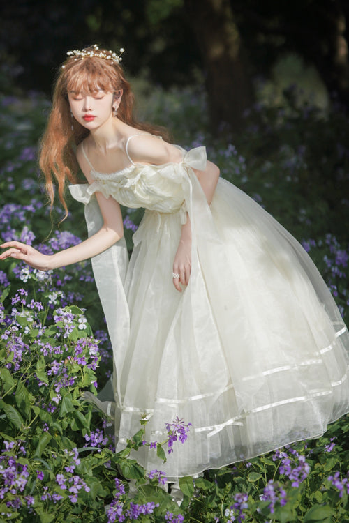 Sweet Lolita JSK Gown with High Waist, Bow Accents & Chiffon Long Cut