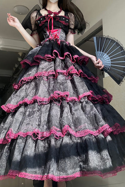 Crimson & Obsidian Short Sleeves Multi-Layered Ruffle Hanayome Bowknot Lace Plus Size Sweet Lolita Dress