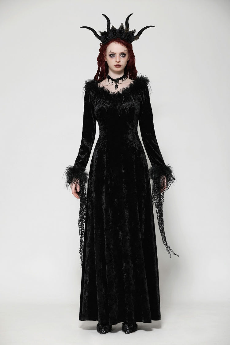 Ebony Long-Sleeve Velvet Lace Gothic Maxi Wedding Gown