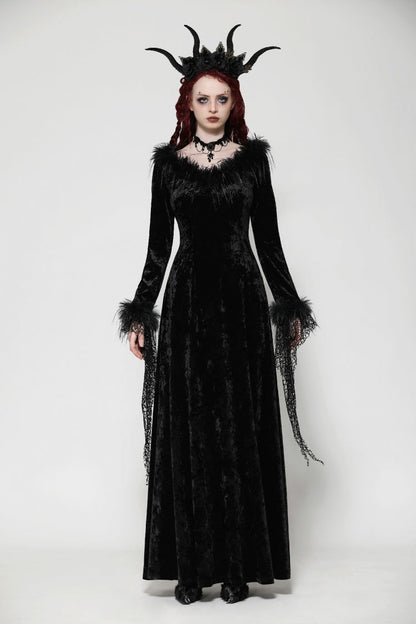 Ebony Long-Sleeve Velvet Lace Gothic Maxi Wedding Gown
