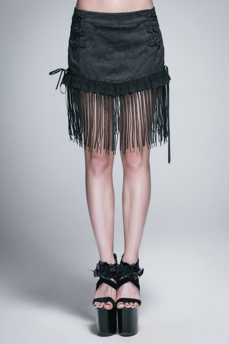 Women's Gothic Short Skirt with Lace Tassel Hem and Back Waist Lace Up in Black Jacquard