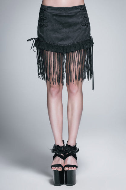 Women's Gothic Short Skirt with Lace Tassel Hem and Back Waist Lace Up in Black Jacquard
