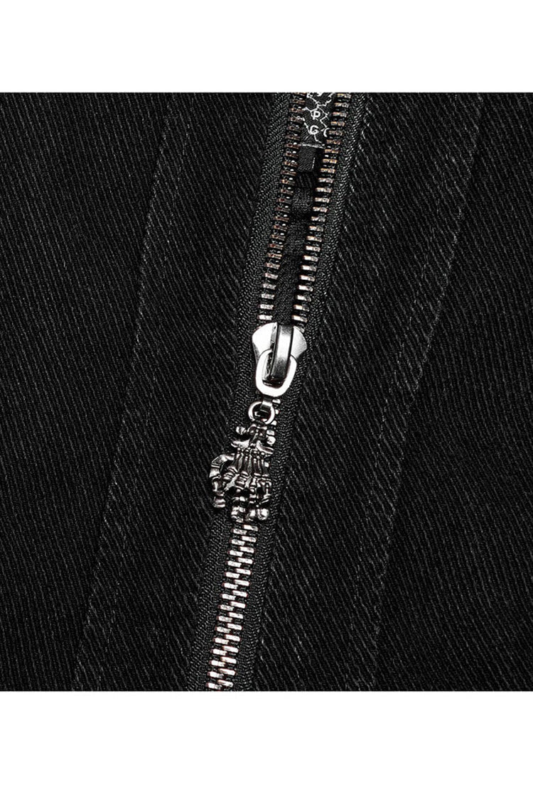 Apocalyptic Skull-Zip Twill Vest with Stand Collar