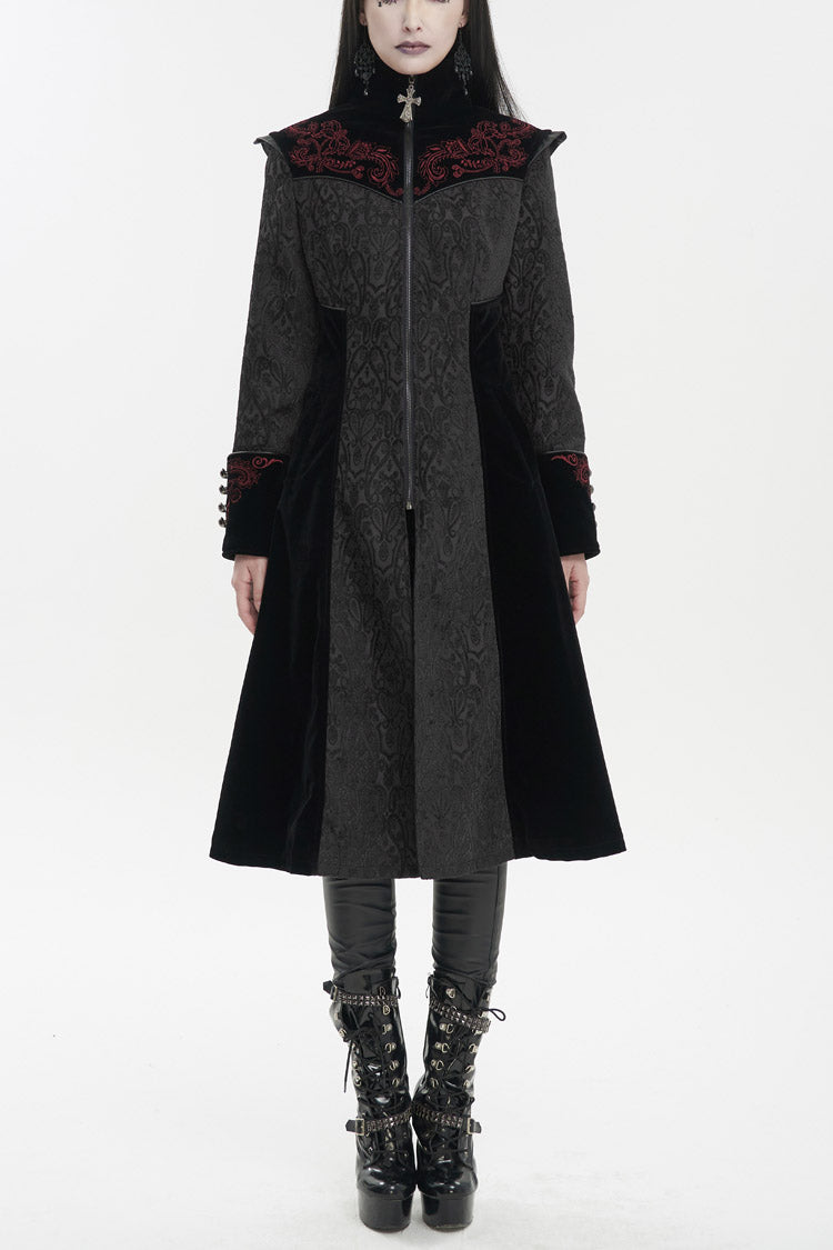 Embroidered Metal Cross Mushroom Buckle Studded Gothic Women's Coat in Black Jacquard