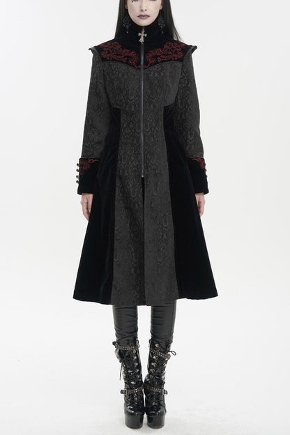 Embroidered Metal Cross Mushroom Buckle Studded Gothic Women's Coat in Black Jacquard
