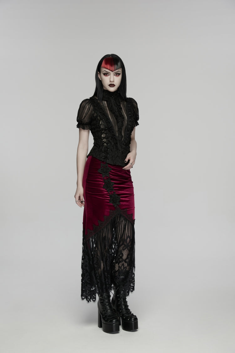 Ruffled Cut-Out Lace Gothic Blouse for Women