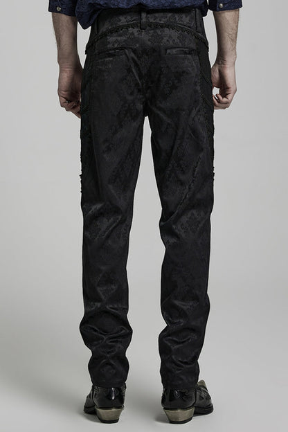 Gothic Pants for Men with Black Jacquard 3D Print and Lace Detailing