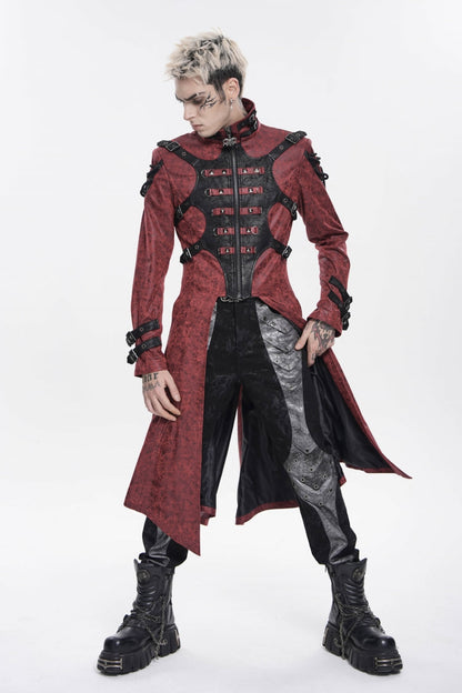 Crimson High-Neck Punk Hooded Jacket with Prints, Studs, and Zippers