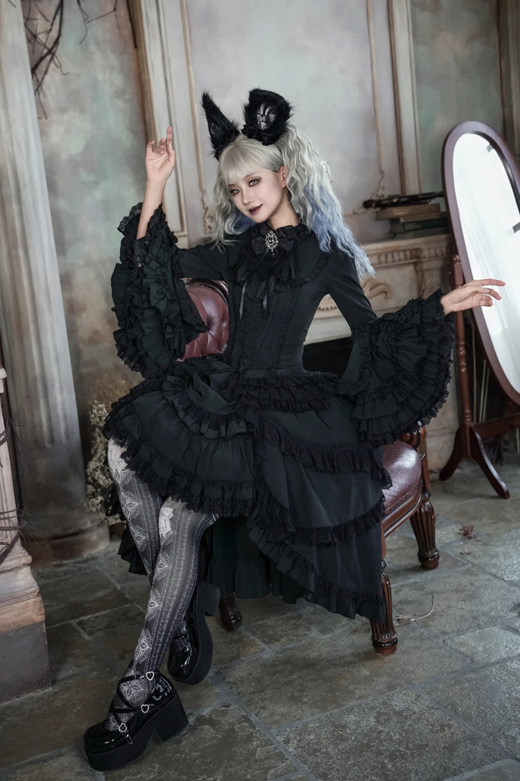 Ebony Flared Sleeve Tiered Lace-Up Bow Gothic JSK Ensemble - Immortal Phoenix
