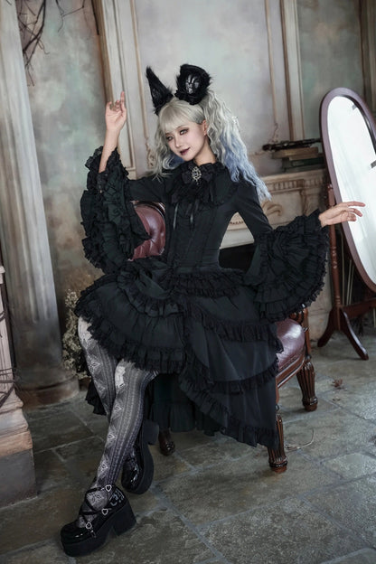 Ebony Flared Sleeve Tiered Lace-Up Bow Gothic JSK Ensemble - Immortal Phoenix