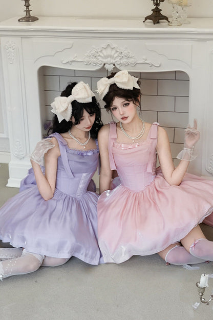 Blush Sleeveless Ruffle Bow Fishbone Sweet JSK - Foamy Sea