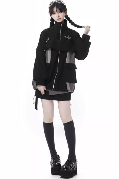 Ebony Techwear Paneled Zip Skirt & Jacket Set - Holographic Cruise