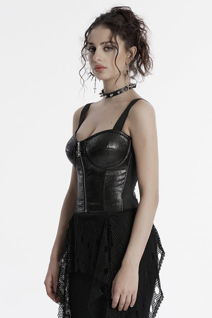 No-Sleeve Faux Leather Zippered Punk Waistcoat