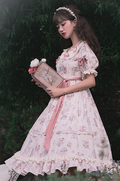 Sweet Lolita OP Gown with Flower Print, Round Collar & High Waist