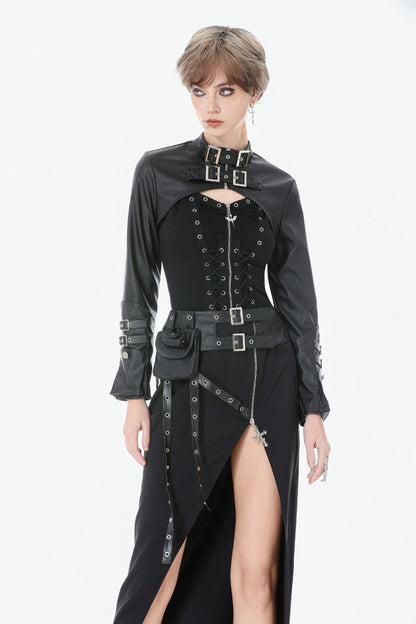 PU Leather Zippered Shrug with Buckled Straps
