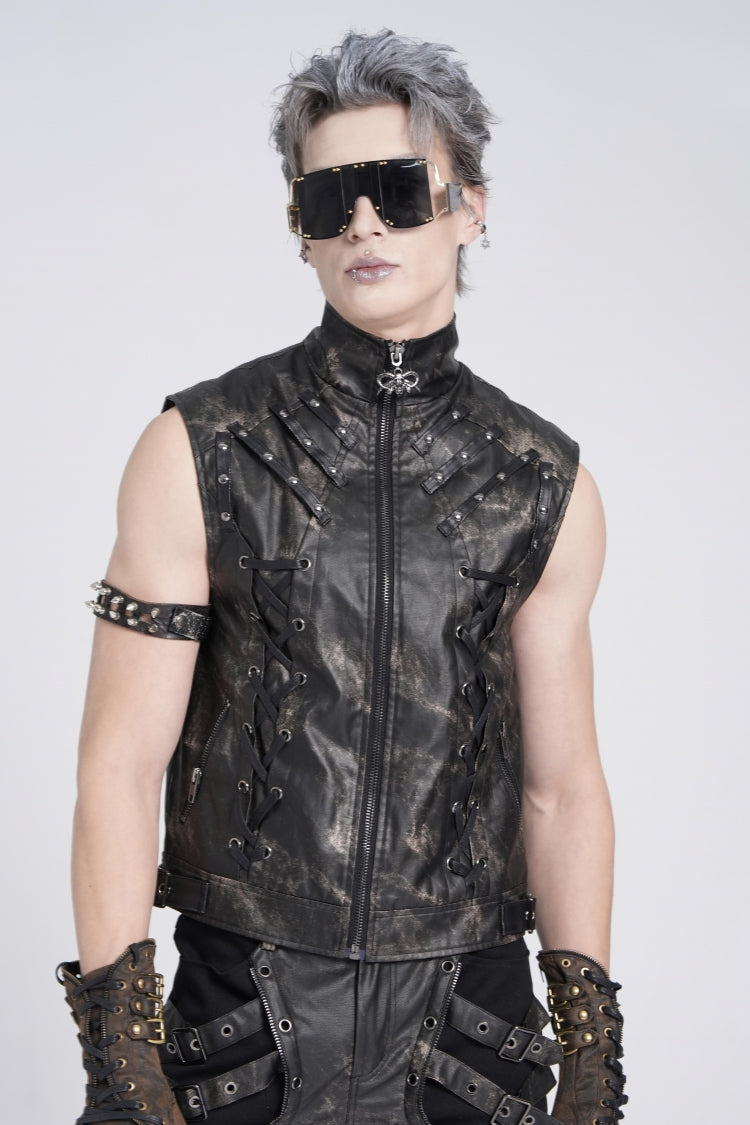 Black Gothic Vest for Men, Strappy with Stitching and Zip