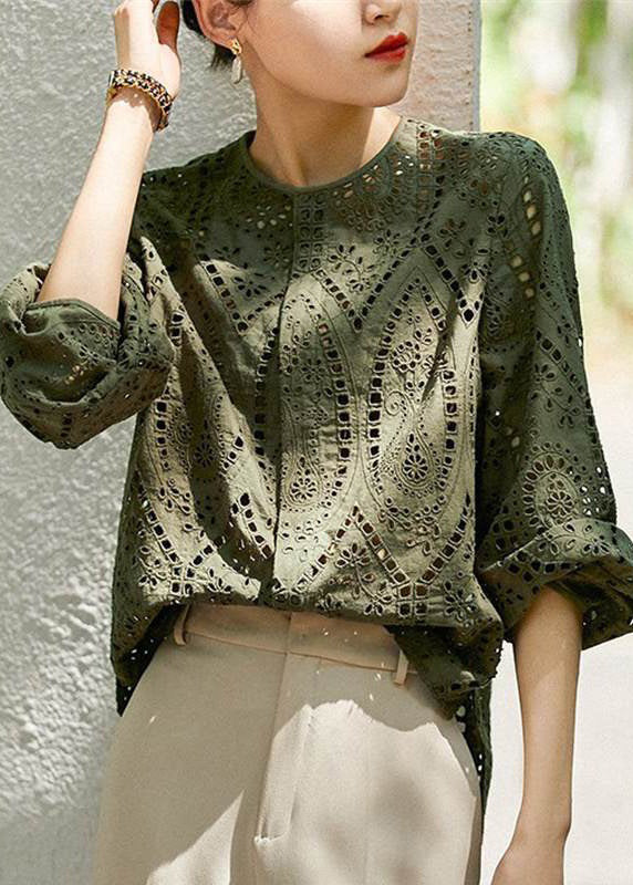 Khaki Out Hollow Blouses Women Sleeve O Light Cotton Long Neck