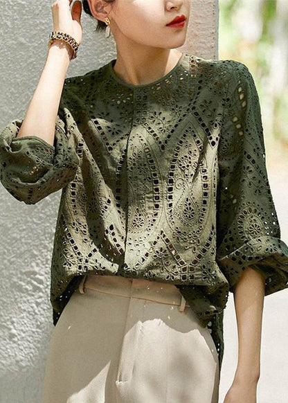 Khaki Out Hollow Blouses Women Sleeve O Light Cotton Long Neck