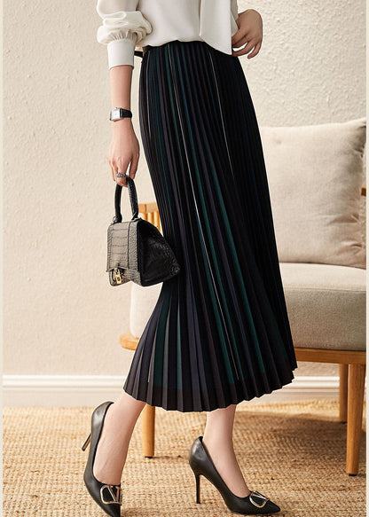 Classy Black Elastic Waist Striped Silk Pleated Skirt Spring AJ1004