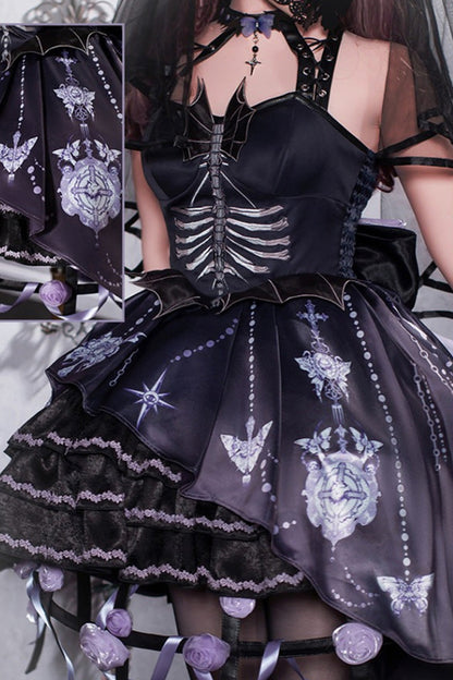 Elegant Gothic JSK Dress with Halterneck and Multi-Layered Ruffle Print in Black