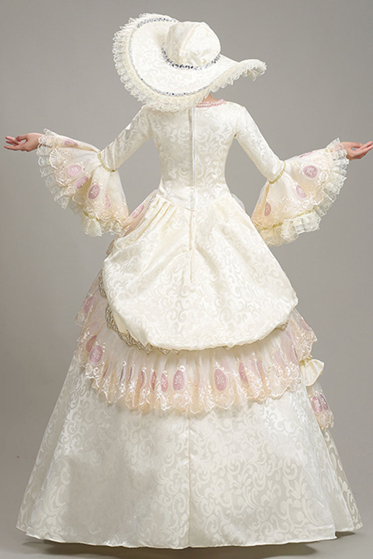 Victorian Lolita Prom Tiered Gown with Hime Sleeves, Lace & Floral Ruffles, Cream