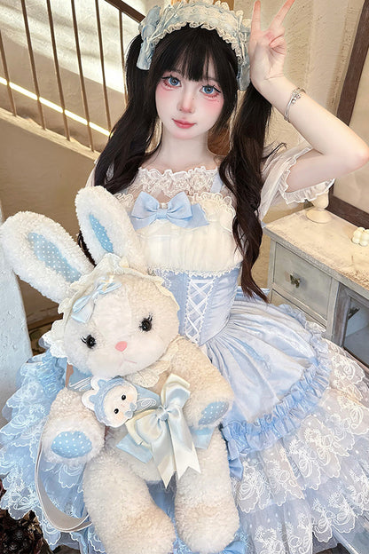 Azure Dance of Time Sleeveless Triple Ruffled Bow Lace-Up Sweet Ballet Lolita Jumper Dress