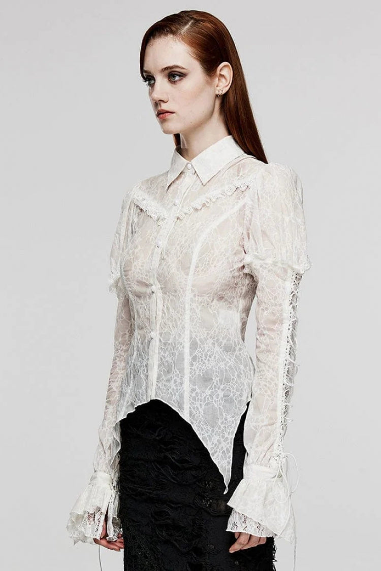 Gothic Lace Blouse with Lapel Collar and Stitched Print, Long Sleeves, Two Variants - DarkRomance