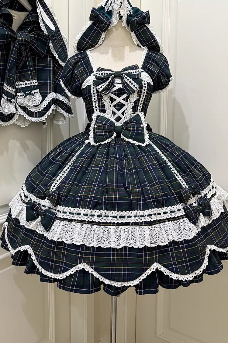 Emerald Gingham Petal Bunny Short-Sleeve Ruffled Bow OP Dress