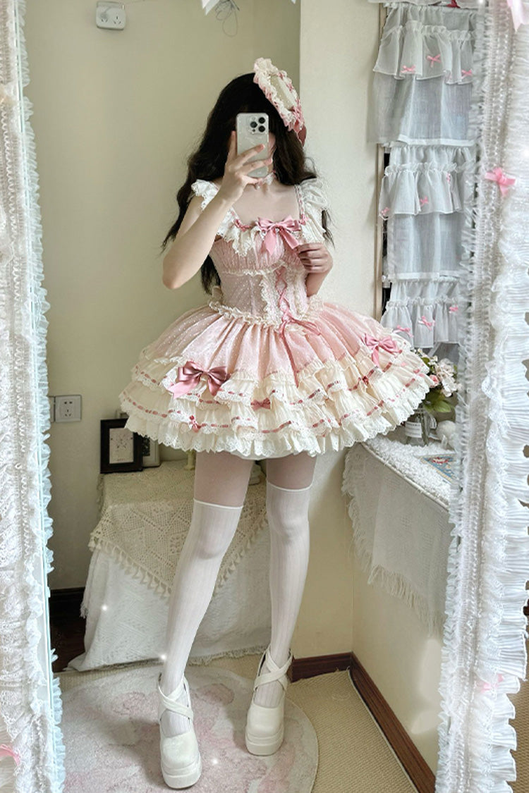 Blush Double-Layered Ruffle Bow Lace-Up Ballerina JSK - Flory Butterfly