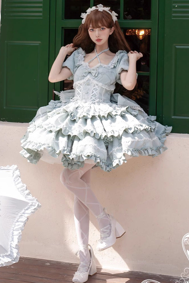 Square Collar Short Sleeve Triple-Layered Ruffle Bowknot Sweet Lolita Dress in Mint