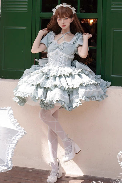 Square Collar Short Sleeve Triple-Layered Ruffle Bowknot Sweet Lolita Dress in Mint