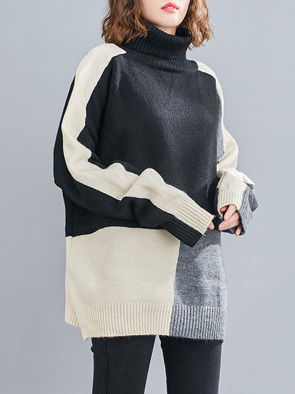 Stylish Grey High-Neck Color-block Long Sleeve Knit Sweater AN1043