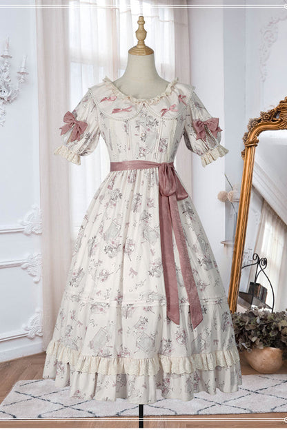 Sweet Lolita OP Gown with Flower Print, Round Collar & High Waist