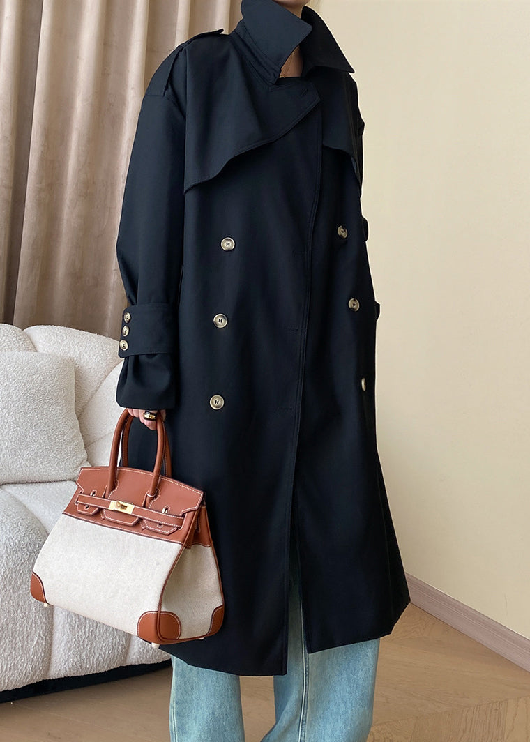 Black Button Cotton Long Trench Coat Peter Pan Collar Fall AF1034