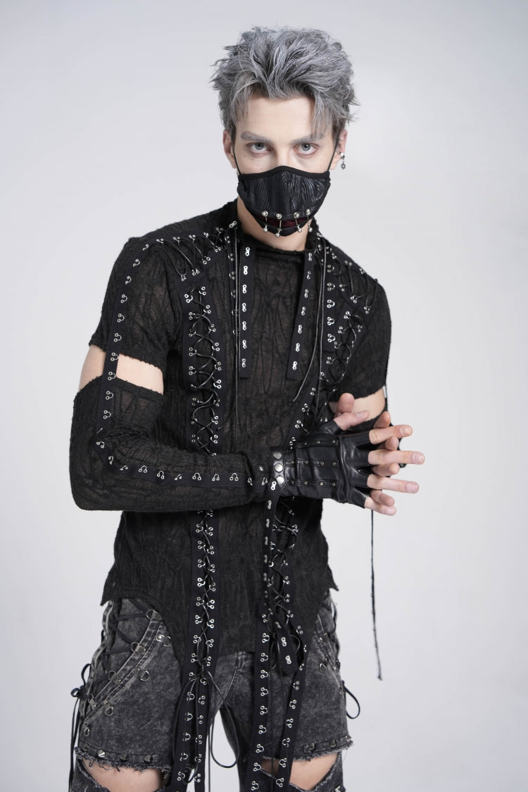 Ebony Long-Sleeve Strap Lace-Up Irregular Sheer Men's Punk Tee