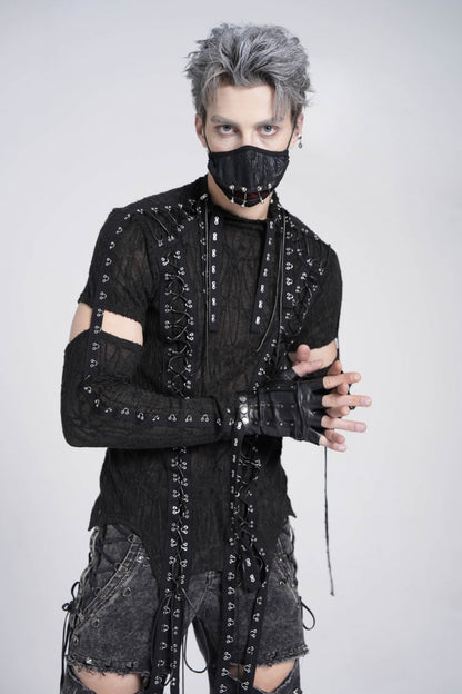 Ebony Long-Sleeve Strap Lace-Up Irregular Sheer Men's Punk Tee