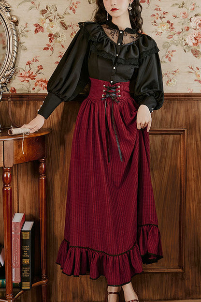 Palace-Style Ruffled Stripe Print Lolita Dress Skirt in Wine - AristocraticVintage