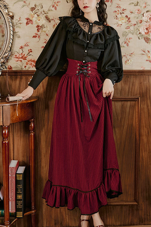 Palace-Style Ruffled Stripe Print Lolita Dress Skirt in Wine - AristocraticVintage