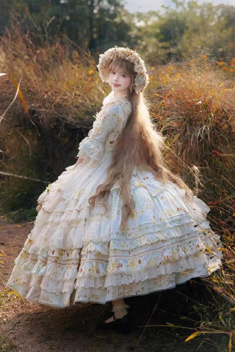 Emerald Daisy Lapel Half-Sleeve Layered Bow Lace Plus-Size Princess Dress
