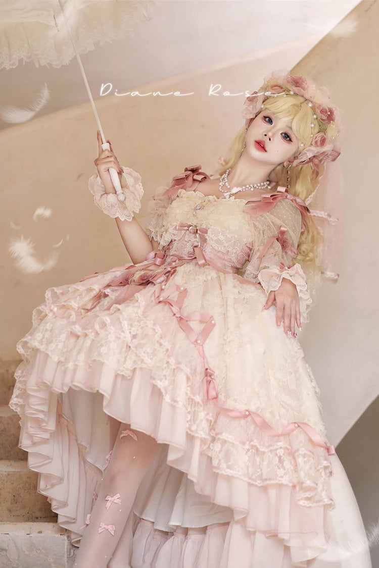 Blush Short Sleeves Jacquard Ruffled Cardigan Lace Dress
