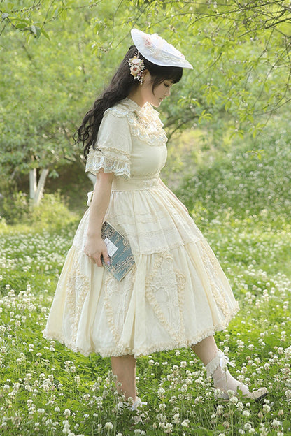 Plus Size Sweet Lolita OP Gown with Floral Embroidery, Lace Cross & Round Collar