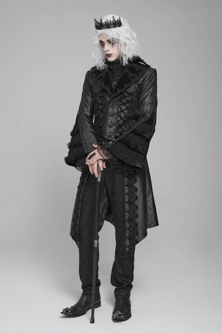 Ebony Flared-Sleeve Floral Crochet Lace-Up Men's Gothic Overcoat