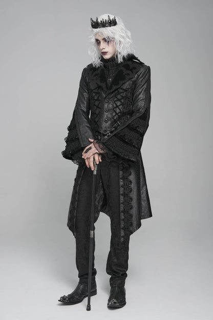 Ebony Flared-Sleeve Floral Crochet Lace-Up Men's Gothic Overcoat