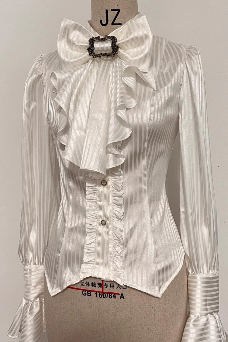 Lapel Collar Long Sleeve Striped Print Ruffle Ouji Gothic Blouse