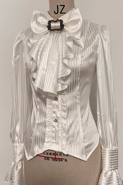 Lapel Collar Long Sleeve Striped Print Ruffle Ouji Gothic Blouse