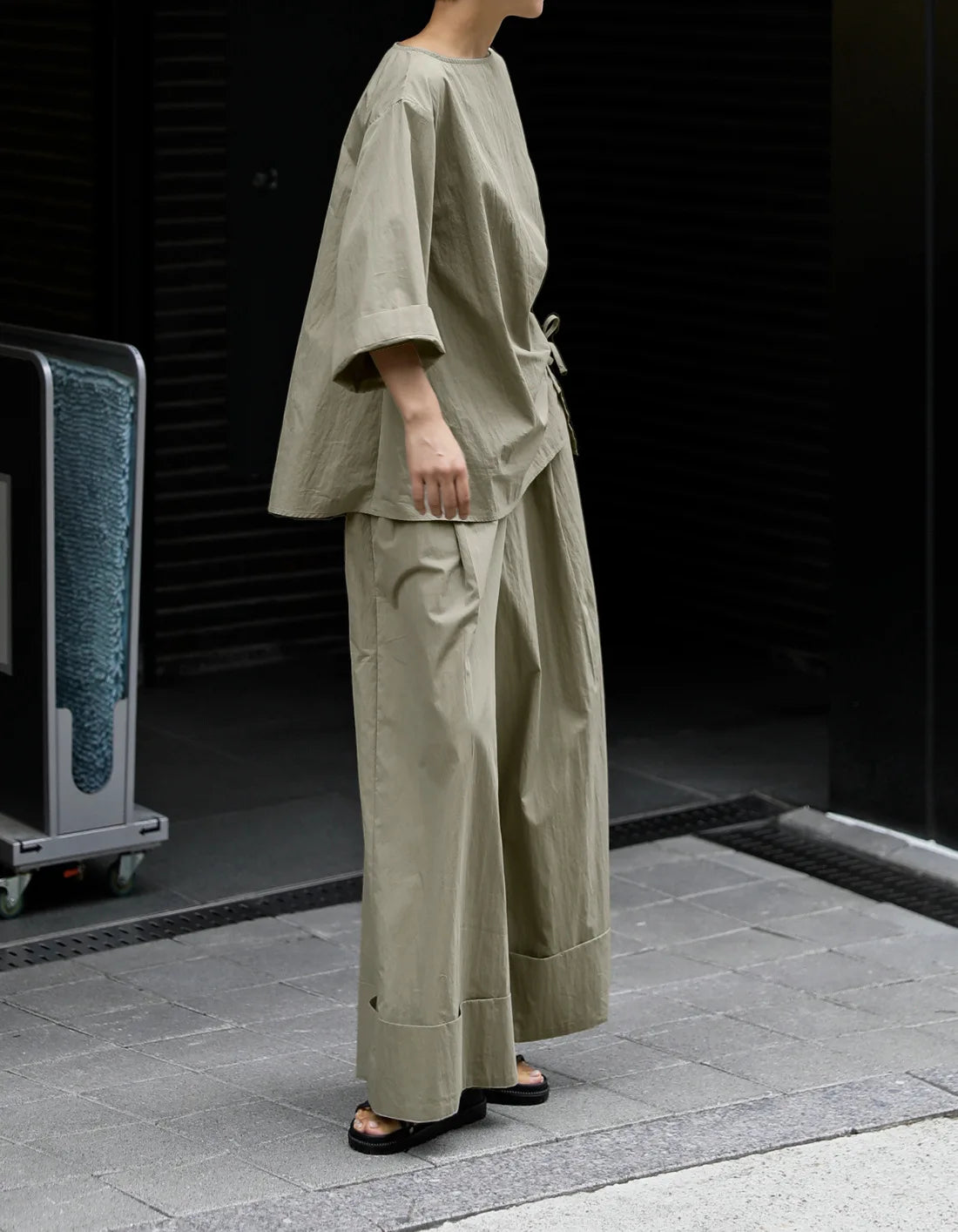 Casual Cotton Top Drawstring Sleeve Khaki Half Asymmetrical